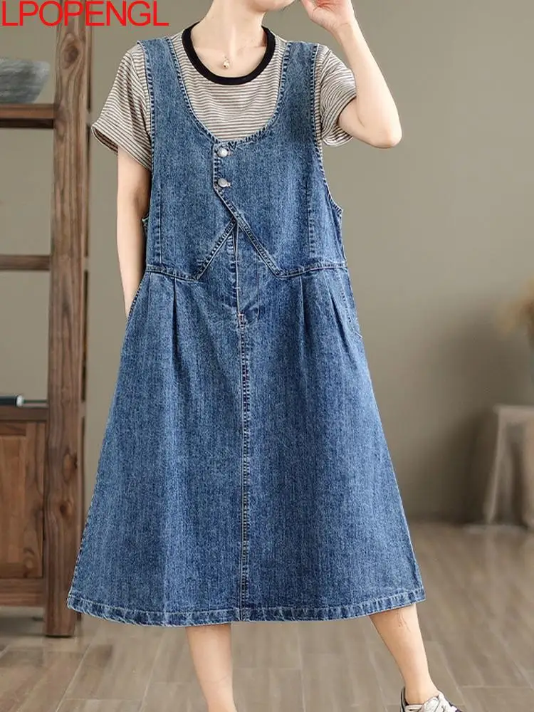 

Woman Solid Color Ethnic Style Vintage Denim Patchwork Sleeveless Spaghetti Strap Pullover Loose Mid-calf O-neck A-line Dress