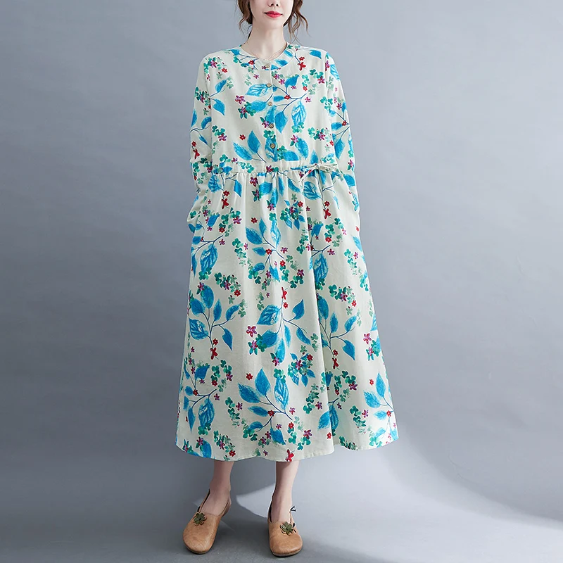 

2022 New Arrival Print Floral Fashion Women Spring Dress Cotton Linen Draw String Office Lady Work Dress Women Casual Long Dress