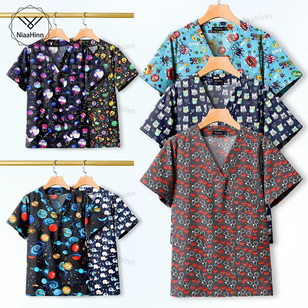 

Унисекс, топы для салона красоты, качественные мягкие скрабы для кормления, униформы, оптовая продажа, больничные скрабы, топы, Хлопковая женская футболка с принтом