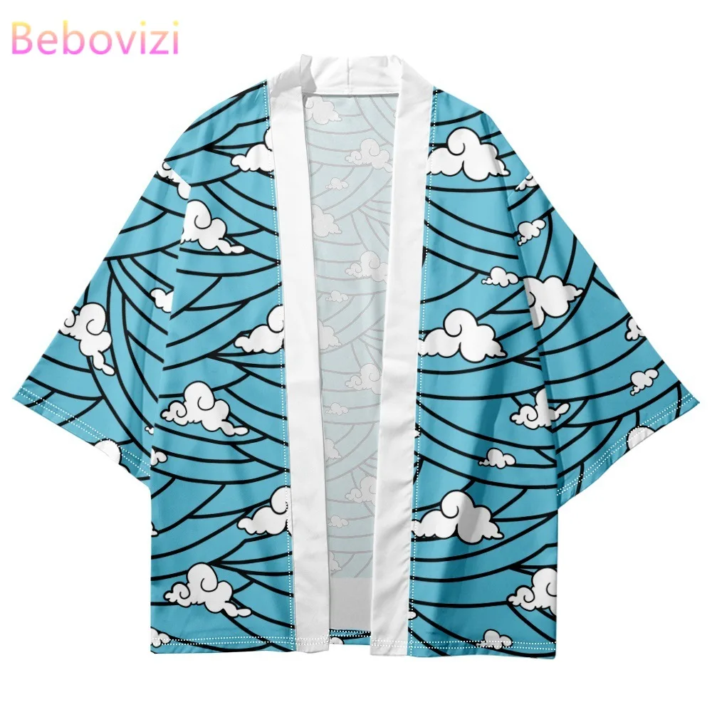 Plus Size 4XL 5XL 6XL Loose Women Men's Cloud Print Clothing Japanese Traditional Blue Kimono Cardigan for Summer Haori