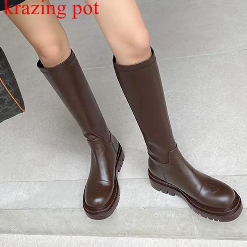

Krazing Pot Cow Leather European Design Round Toe Riding Boots Back Size 43 Keep Warm Med Heel Winter Platform Thigh High Boots