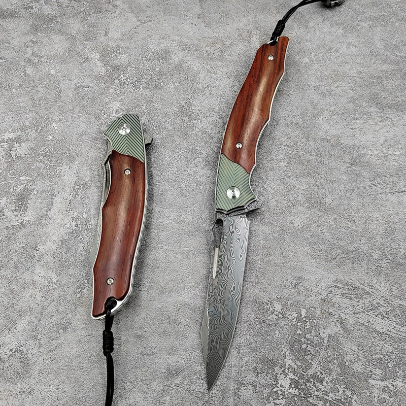 Folding Knife Bearing Ball Damascus Steel Titanium Yellow Sandalwood