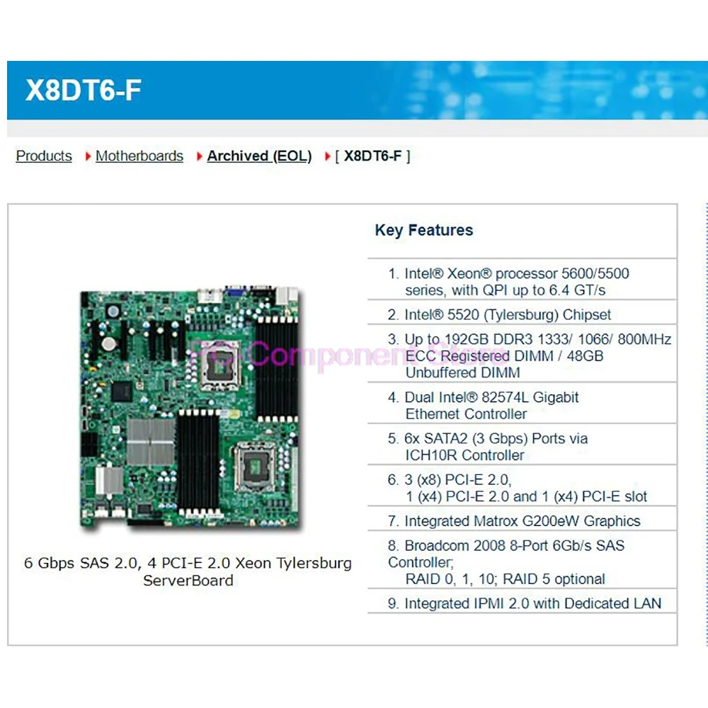마더보드 5600/5500 시리즈 SATA2 PCI-E 2.0 통합 IPMI 2.0 전용 LAN DDR3 X8DT6-F