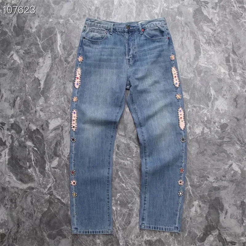 

23SS High Quality 20 Kapital Vintage Denim Set with Diamonds Jeans Men Women Washed Blue Black Pants Fashion