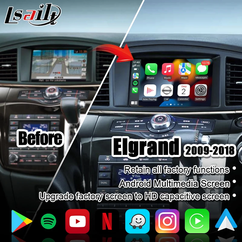 Lsailt CarPlay и Android мультимедийный экран обновление для Nissan Elgrand Quest патруль 2009-18 с YouTube