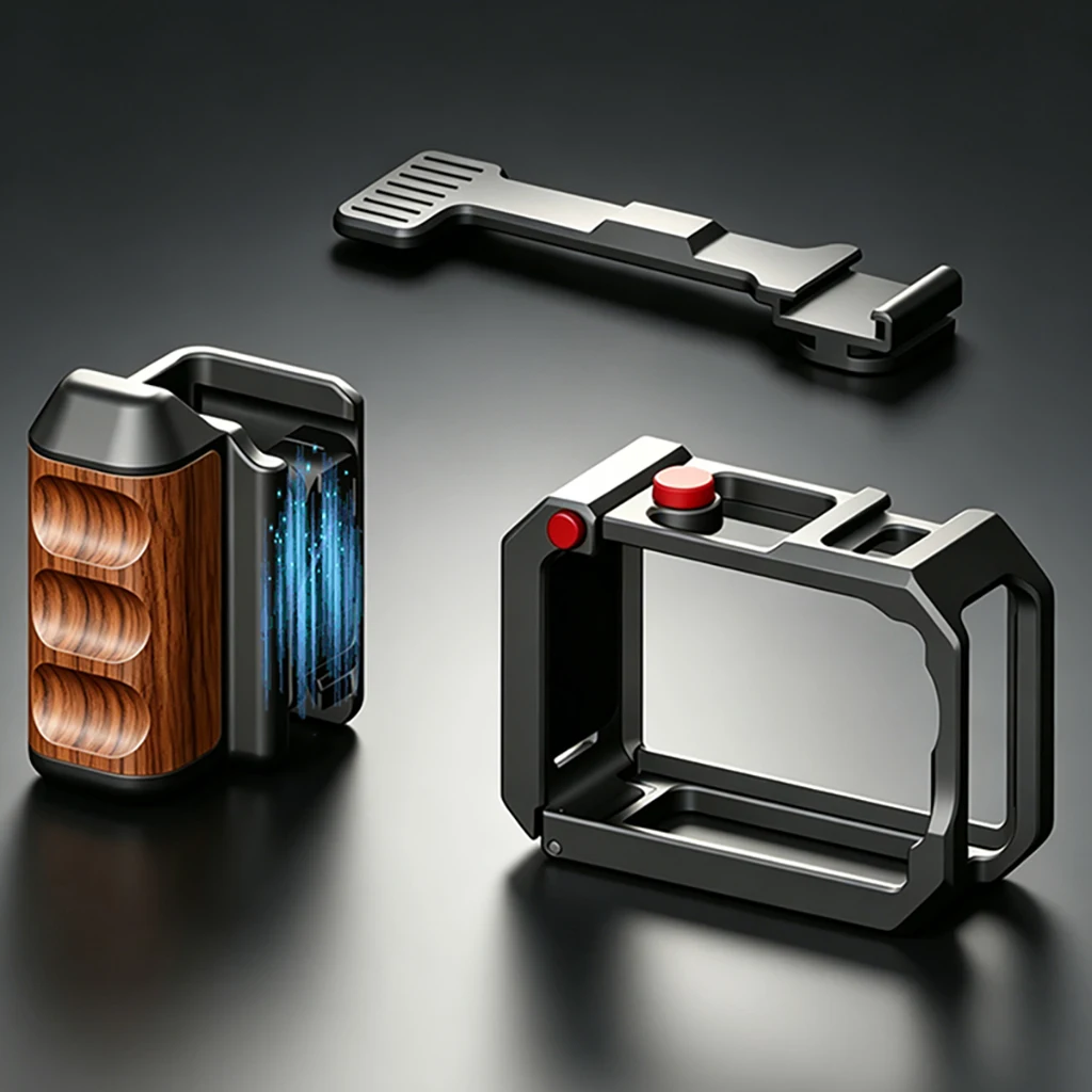 Cage de protection pour DJI Action 5 Pro et Action 6 posée à côté d'un trépied, avec le support universel visible.