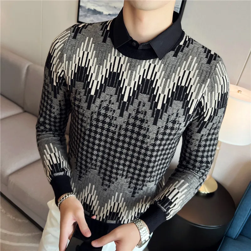 

2023 Thicked Fake Two-piece Warm Sweaters Men's Autumn Winter Shirt Collar Leisure Slimming Contrasting Colors Jacquard Knitwear