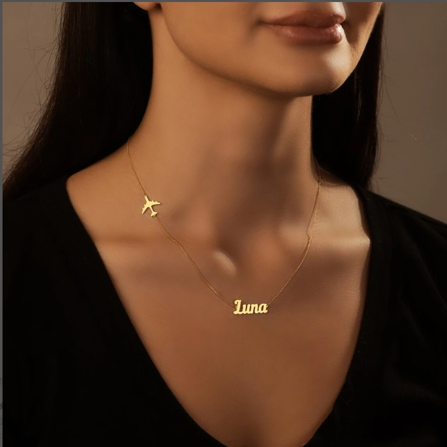 Personalized airplane filled lateral flat pendant necklace adorned with your name as a gift for her