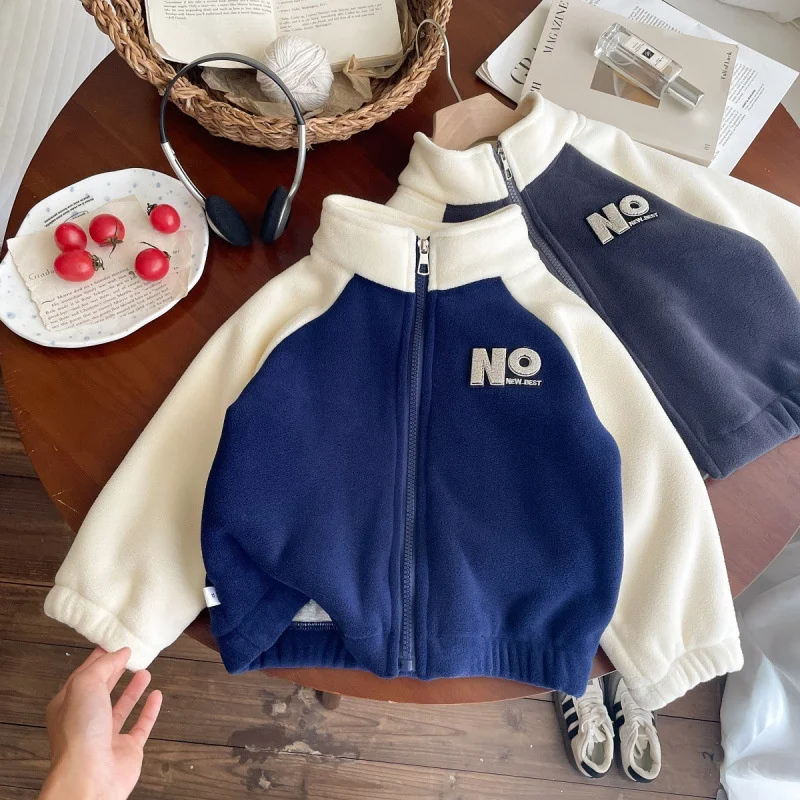 Winter Warm Coat Baby Plus Velvet Thick Jacket Boys High Neck Letter Outerwear Girls Zipper Casual Tops New Long Sleeve Clothes