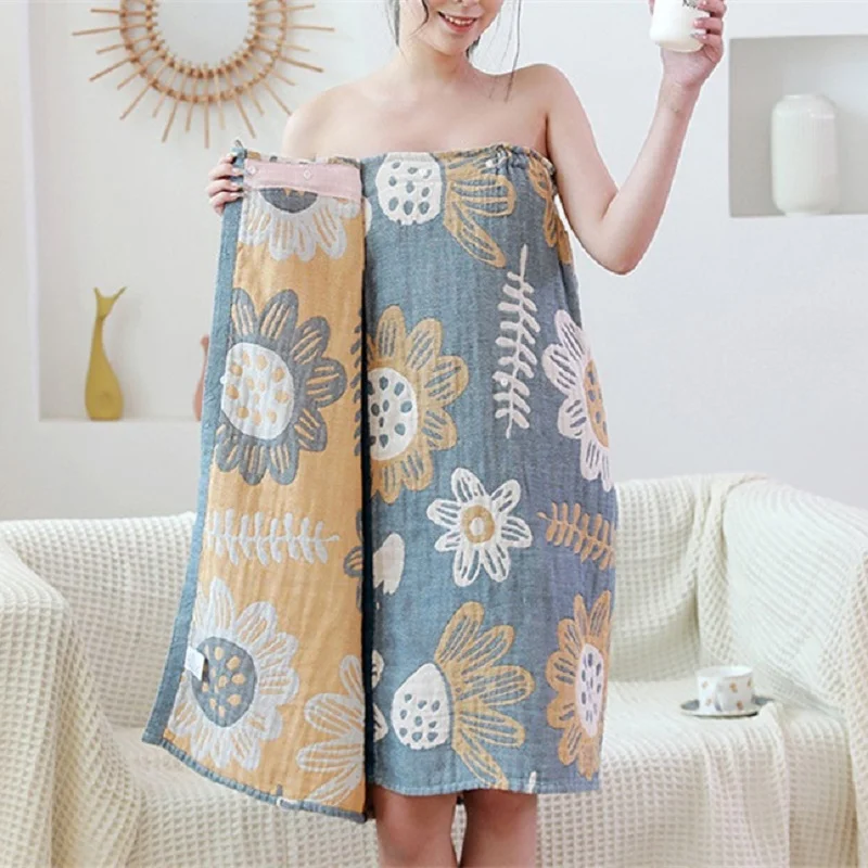 

Absorbent Muslin Cotton Bath Towel Skirt Wrap with Button Japanese Style Floral Bath Dress Sauna Spa Robe Shower Towels Bathroom