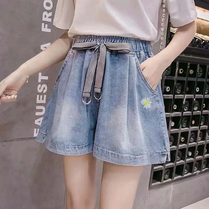 Fashion Elastic Lace Up Pockets Wide Leg Denim Shorts Female Clothing 2024 Summer New Loose High Waist Solid Color Casual Shorts
