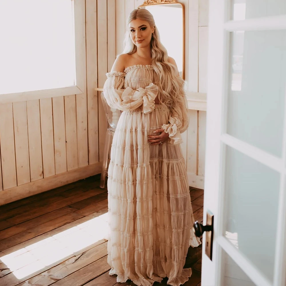 2 in 1 Maternity Photo Shoot Outfit Boho Style Off-the-Shoulder Chiffon Pregnancy Photography Dress Set