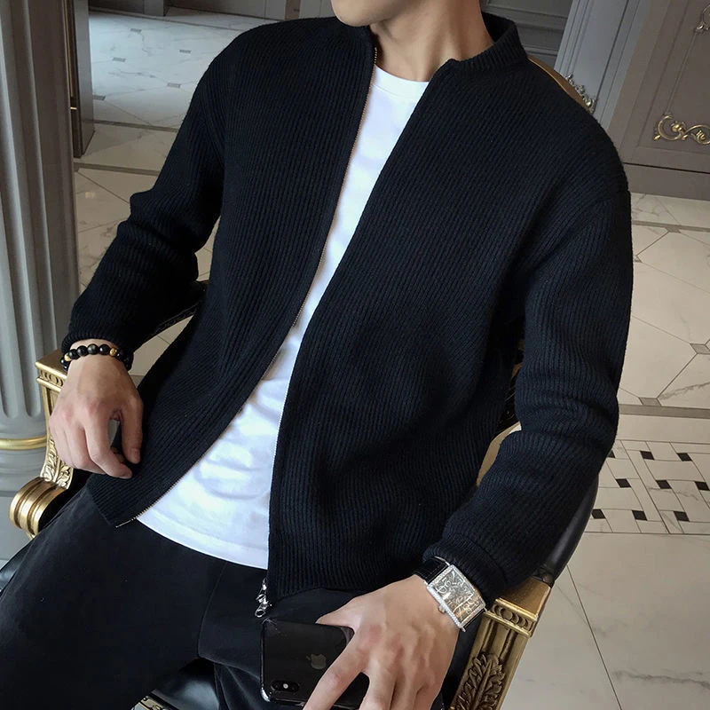 Autumn Winter Solid Color Long Sleeve Cardigan For Men Zipper Casual Sweaters Man Loose Fashion Streetwear Chic Male Clothes