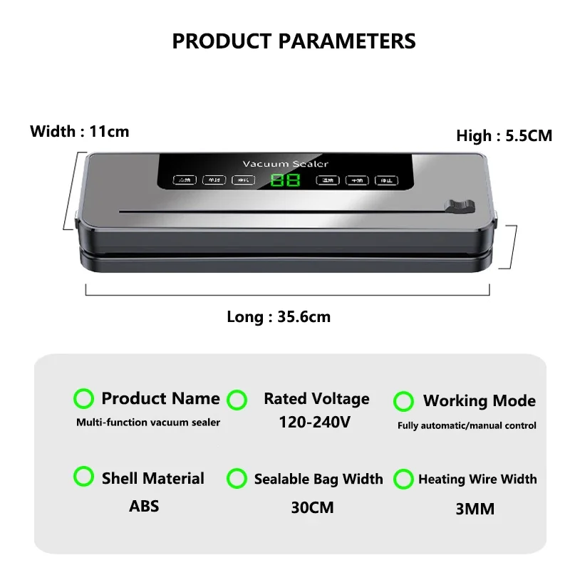Food Vacuum Sealer Electric Dry/Wet Food Sealed Packaging Kitchen Storage Seal UV Sterilization Built-in Cutter Knife EU/US