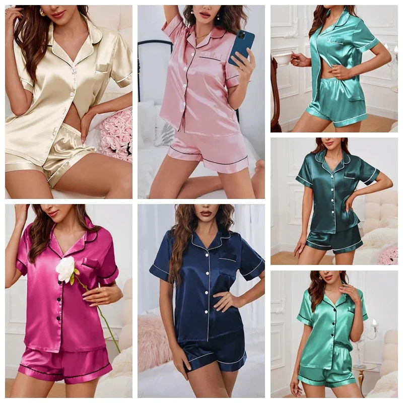 Women's Imitated Silk Satin Pajamas Set Soft Two-Piece Sleepwear Button-Down Loungewear Comfortable Fabric Nightgown