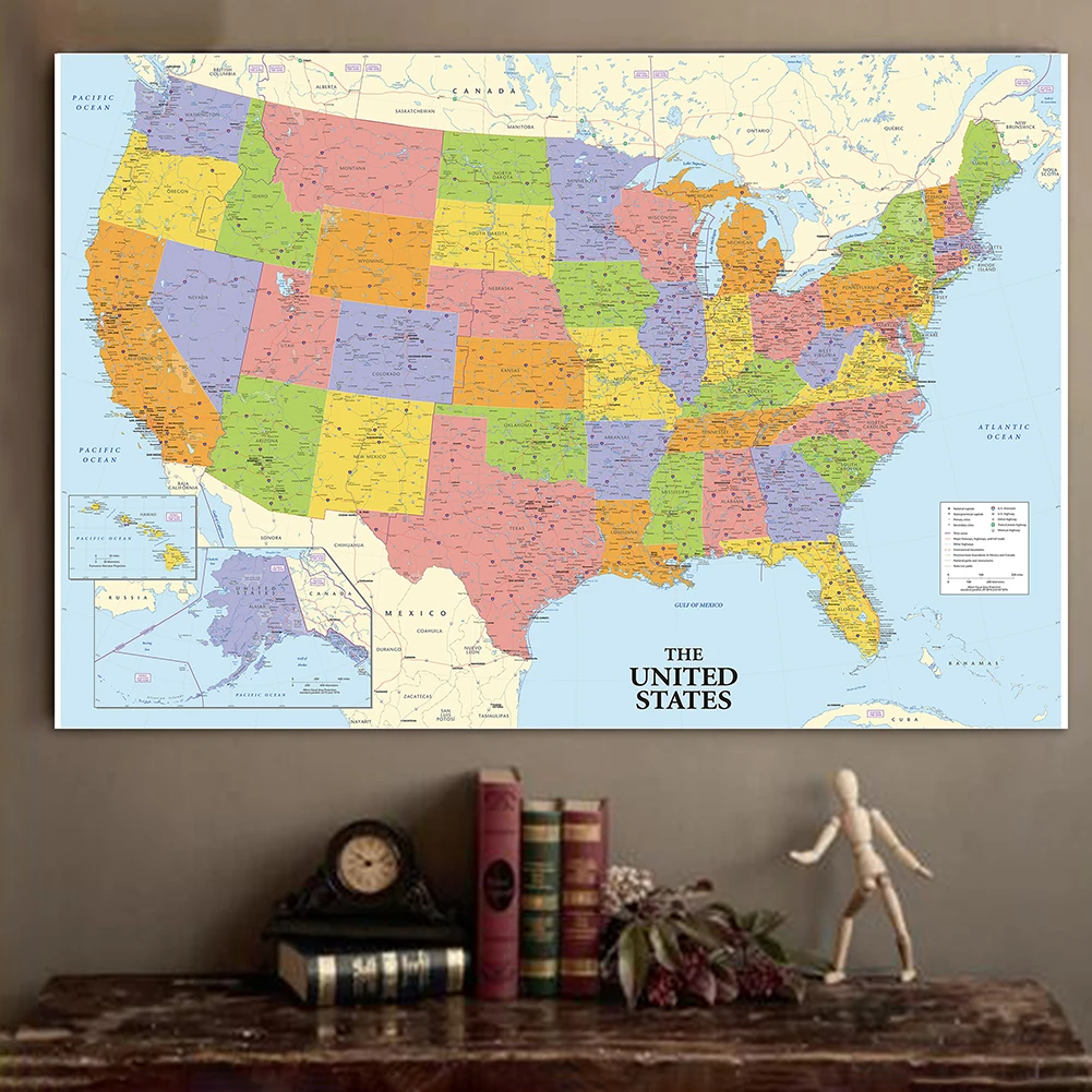 120*80cm USA Map Detailed Non-woven Canvas Painting Wall Art Poster Decorative Hanging Picture Prints Home Decor School Supplies