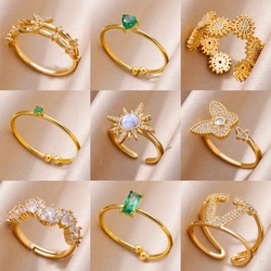 Gold Color Stainless Steel Ring for Women Trendy Butterfly Sun Green Zircon Anillos Opening Adjustable Ring Jewelry Party Gift