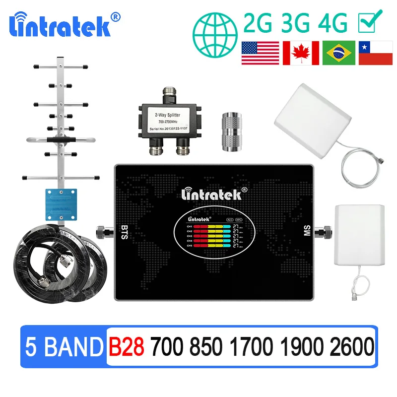 

Lintratek 5 Band Cellular Signal Booster LTE B28 700 850 1700 1900 2600 B7 2G 3G 4G 800 900 1800 2100 Mobile Amplifier Repeater