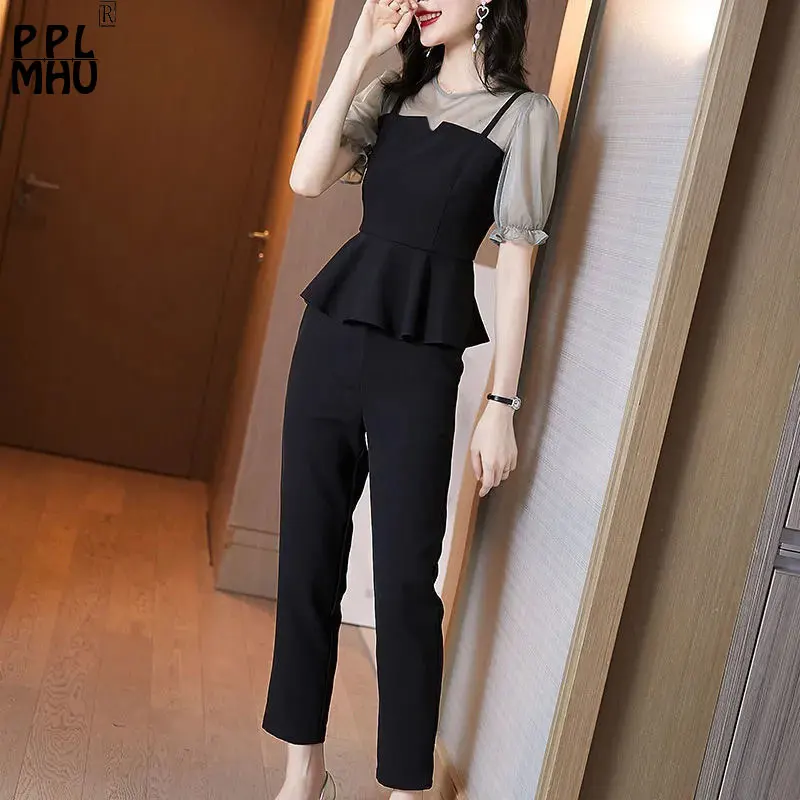 

Elegant Chiffon Patchwork Two Peice Sets Women 2022 Summer Skirt Top Ankle Pants Suit Conjunto De Dos Piezas De Moda Para Mujer