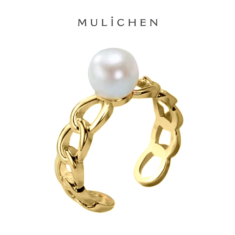 MULICHEN 7-8mm Freshwater Pearl Flat Round Pearl Ring For Women Fashion Open Versatile  Jewelry Hand Decoration Free Shipping