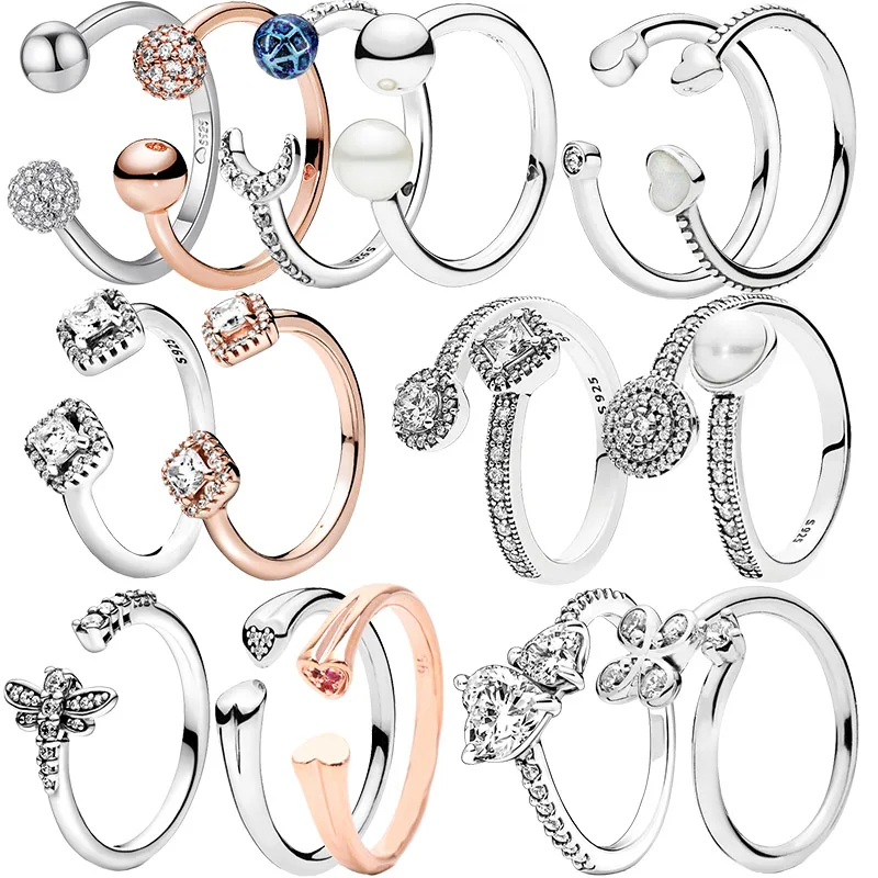 

925 Sterling Silver Rose Gold Heart Moon Pearl Clover Dragonfly Clear Zircon CZ Open Rings For Women Anniversar Wedding Jewelry