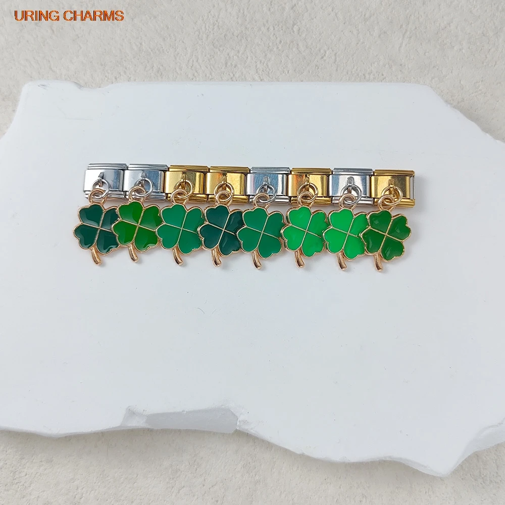 URING Charms-Anhänger, Schmuck, italienischer Edelstahl-Link, passend für 9 mm trendige grüne Glücksgras-Armbänder, DIY-Perlen, Geschenke – Detail 2