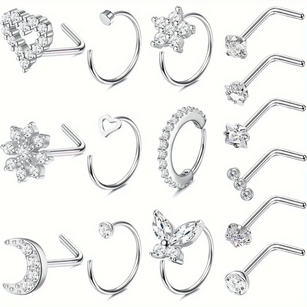 

Florideco 1Pc Surgical Steel Nose Rings for Women Hoops Studs 20G Heart CZ Moon Nose Hoop L Shaped Nose Piercing Jewelry