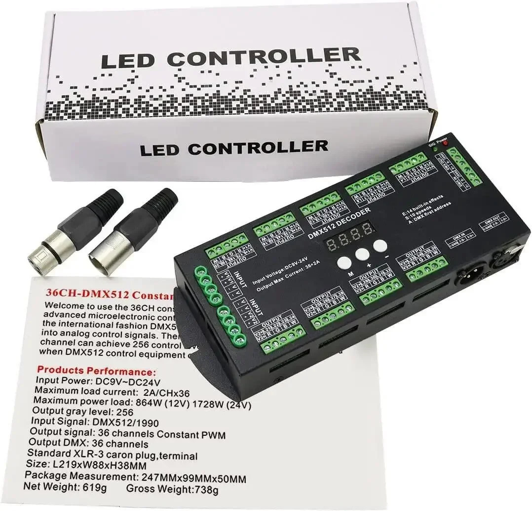 36-канальный цифровой дисплей DMX512, декодер постоянного напряжения, фотоэлемент для светодиодной ленты RGBW, фотоэлемент 4 канала * 9, соединитель XLR