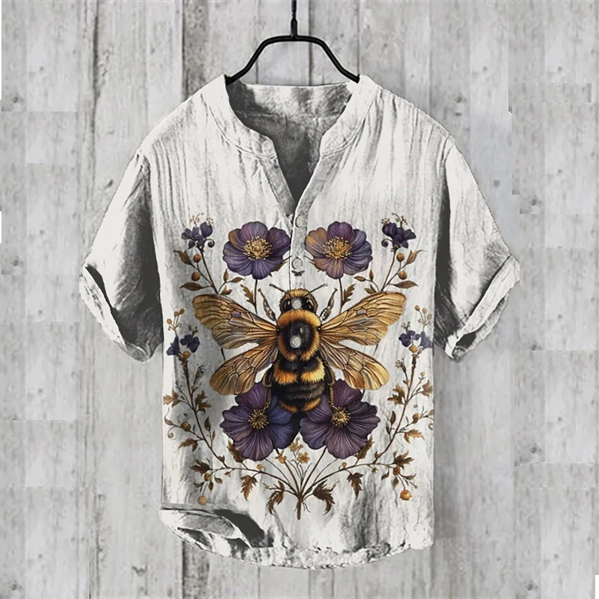 

Spring and summer new men's linen shirt bee 3D print V-neck short-sleeved shirt foreign trade fashion casual loose shirt