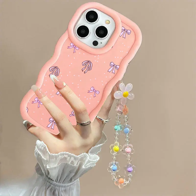 Bow Flower Lanyard Wavy Edge Phone Case