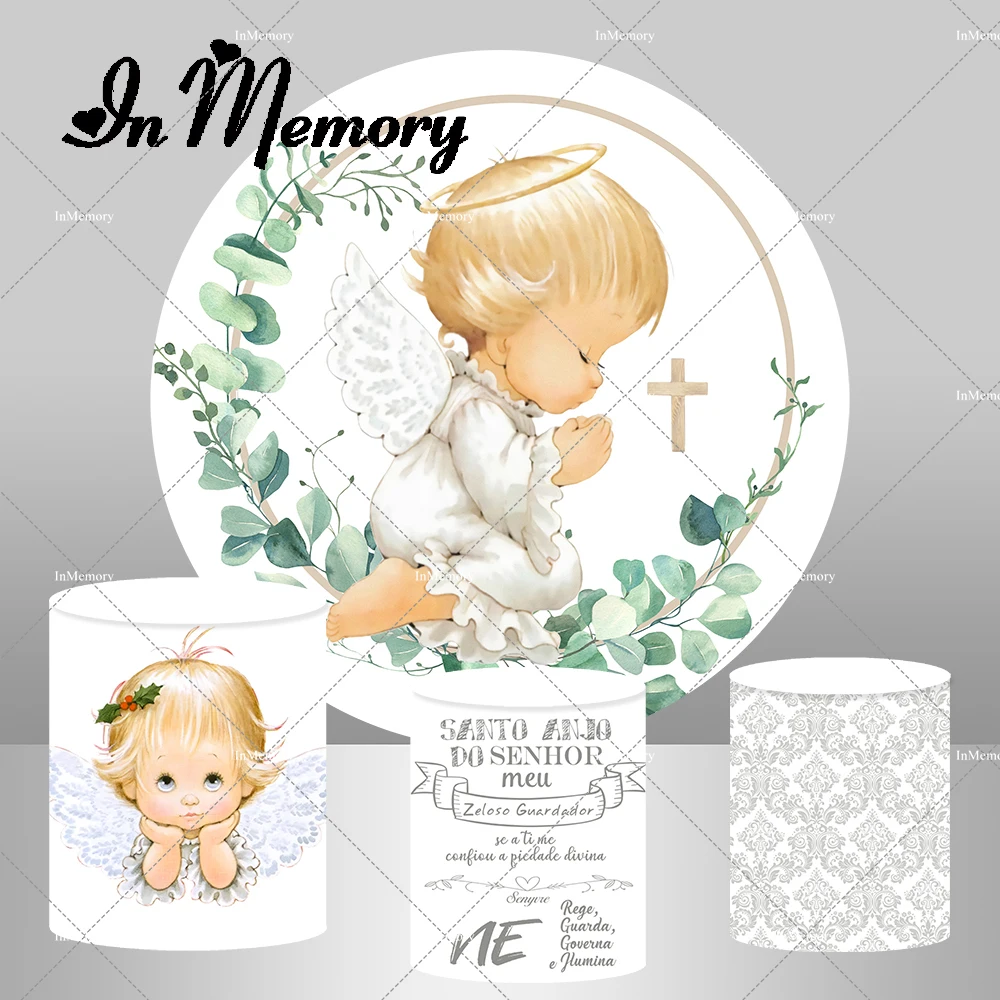 

InMemory Kids Baptism Round Backdrop Cover Green Leaves Angel Baby God Bless Circle Background First Holy Comunion Plinth Covers