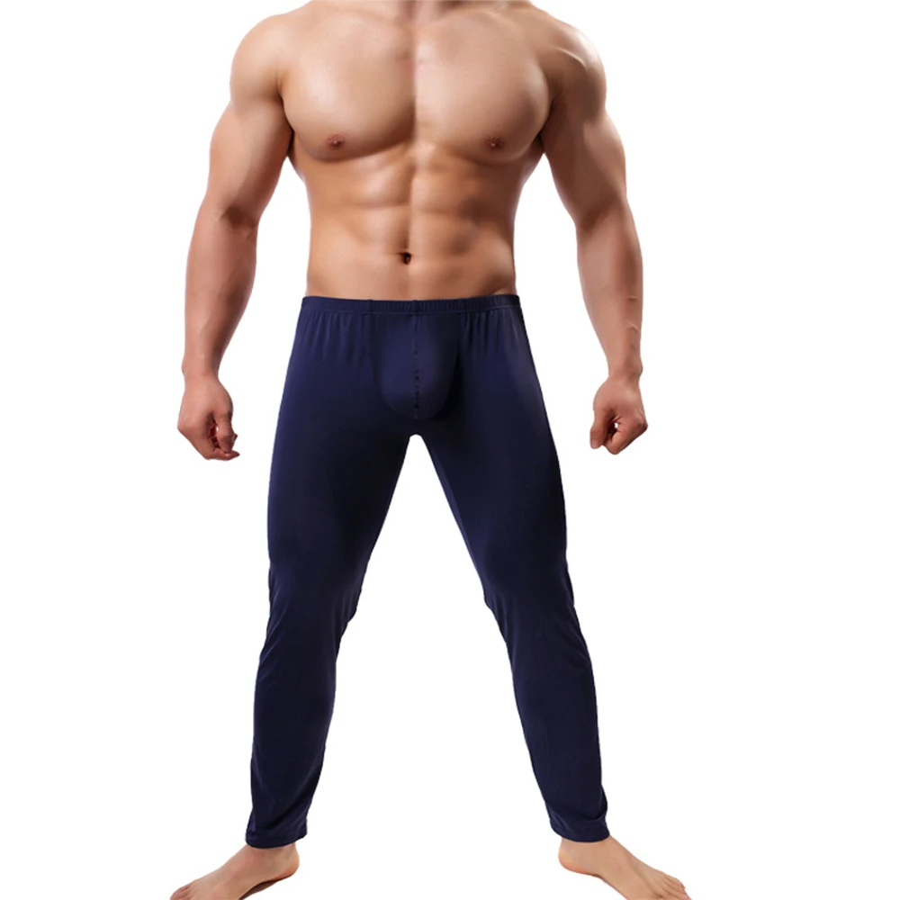 Men’s  Sports Tight Trousers Sheer Ice Silk Leggings Sexy Convex Pouch Bottoms Trousers Long John Pants Fitness Underwear