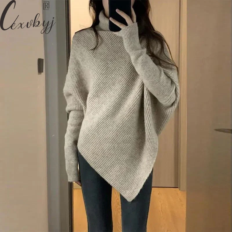 

Korean Irregular Knitted Sweater Women 2023 Fall Winter Turtleneck Solid Colors Knitwear Pullover Office Lady Vintage Top Loose