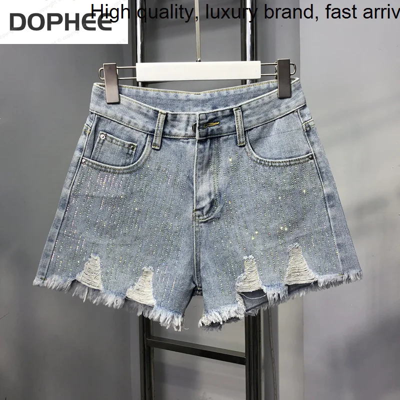 

Drilling Fashion Gypsophila Female Denim 2023 New Summer Thin Hot Shorts High Waist Hole Tassel A-line Short Jeans