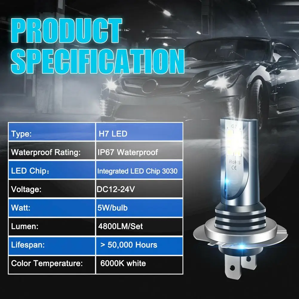 Led Headlights 2pcs H7 Car Fog Light Bulbs High Low Beam 110w 30000lm 6000k White For Vehicles