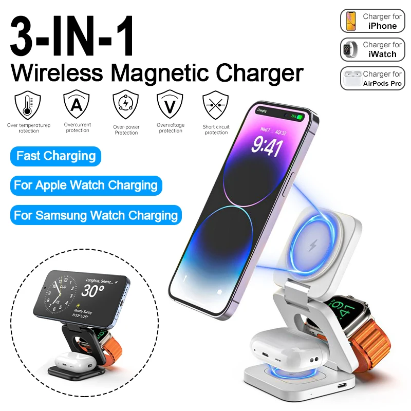 

3 in 1 Magnetic Wireless Charger Stand For iPhone 15 14 Pro Max Macsafe Charger For Apple Watch 8 7 6 Airpods Fast Charging Dock