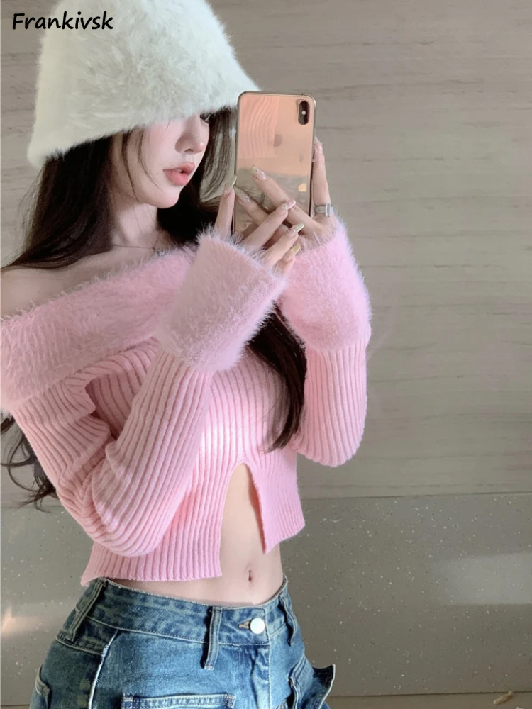 

Sweaters Women Sexy Slash Neck Hotsweet Trendy All-match Streetwear Bright Autumn Elegant Slim Y2k Korean Style Gentle Knitwear