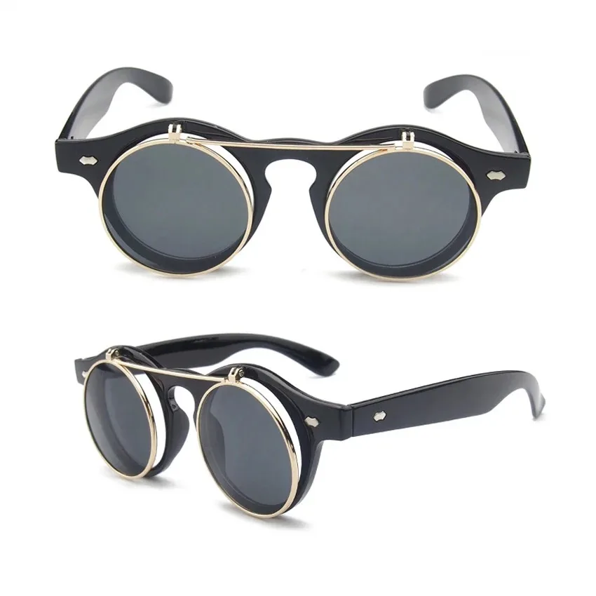 

FOENIXSONG Round Sunglasses Steampunk Flip Up Lens Oculos Gafas De Sol for Women Men Retro Sun Glasses Gothic Punk Eyewear