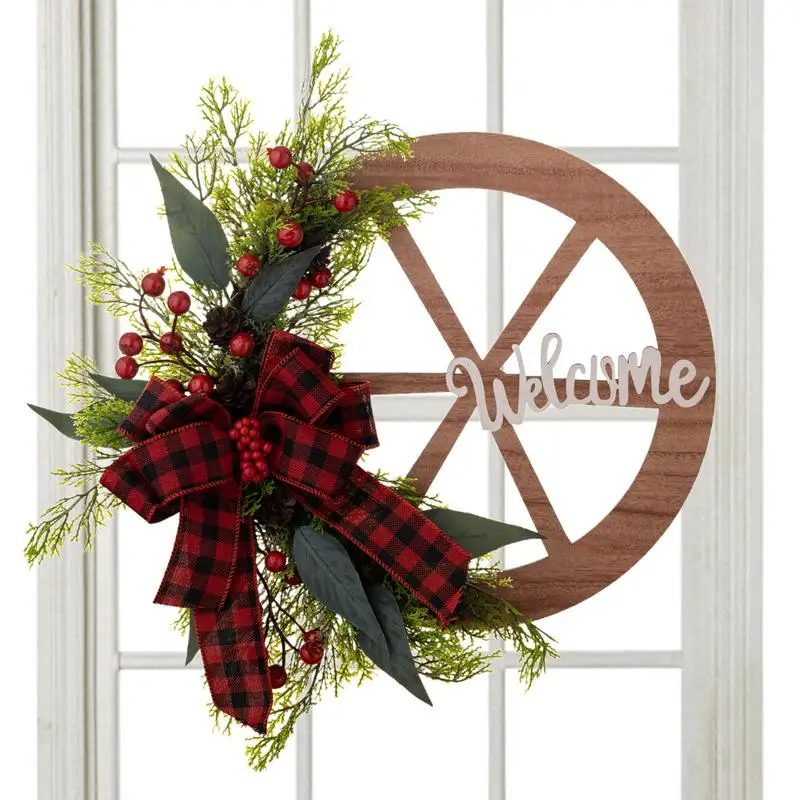 

Рождественские венки для входной двери, искусственные колесные банты, Сосновая гирлянда, венок для входной двери, зимний венок, Рождественская красная клетчатая гирлянда