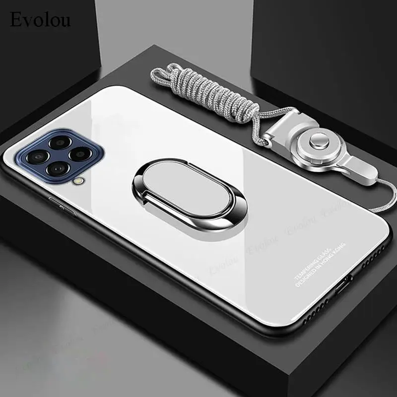 Magnetic Ring Stand Holder Phone Case with Tempered Glass and Shockproof Soft Frame Cover & Lanyard