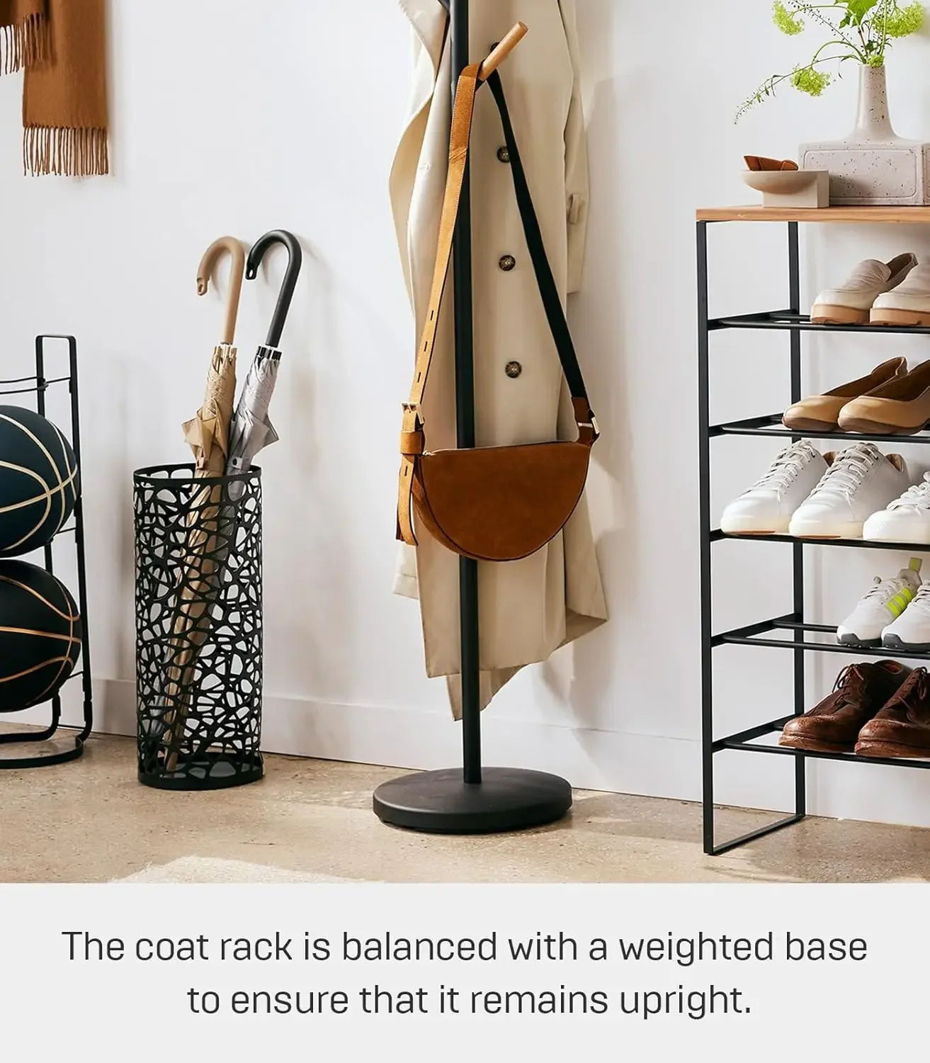 Home Plain Freestanding Coat Hanger Rack With Wooden Hooks, Space Saving, 70" - Steel