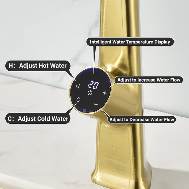 ก๊อกน้ำอ่างล้างจานแบบหรูหราทันสมัย พร้อมเซ็นเซอร์ ควบคุมน้ำร้อนน้ำเย็น แบบดึงออกได้ แสดงอุณหภูมิ ระบบสัมผัส 4