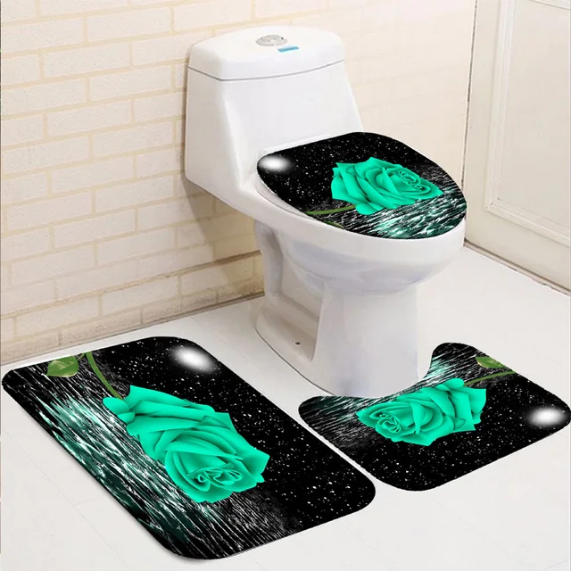 Rose Flower Shower Curtain Set Non-Slip Rugs Bath Mat Toilet Lid Cover and 12 Hooks Waterproof Polyester Bathroom Decor Q-Bath Rug Mat-3Pcs