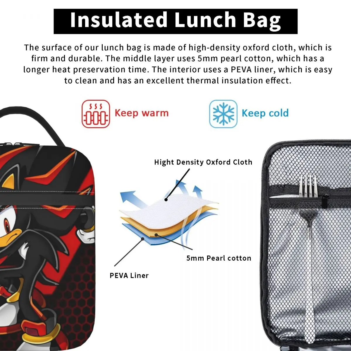 Shadow The Hedgehog Anime Accessories Insulated Lunch Bag For Outdoor Storage Food Boxes Reusable Cooler Thermal Lunch Boxes 5