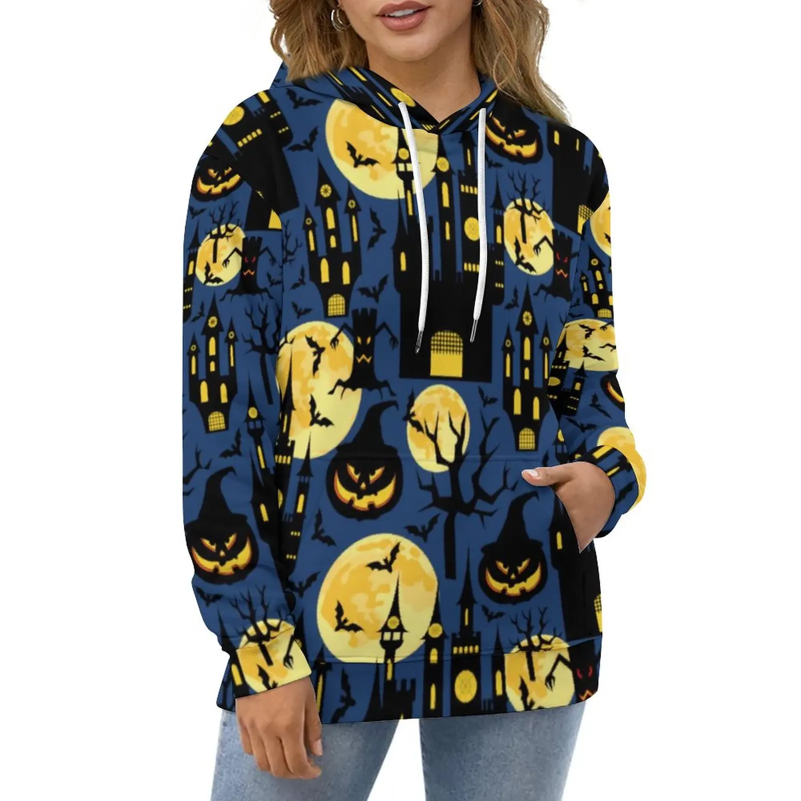 

Spooky Halloween Hoodies Ladies Haunted House Bats Korean Fashion Casual Hoodie Autumn Long Sleeve Kawaii Sweatshirts Big Size