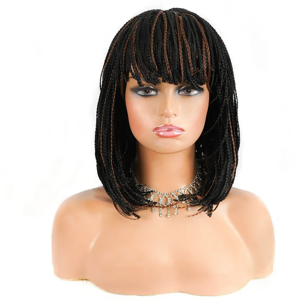 Bob Box Braid Wig Synthetic Short Three Cornrow Braided Wig For Women Fashion Blunt Bangs Dreadlocks Braided Daily Use