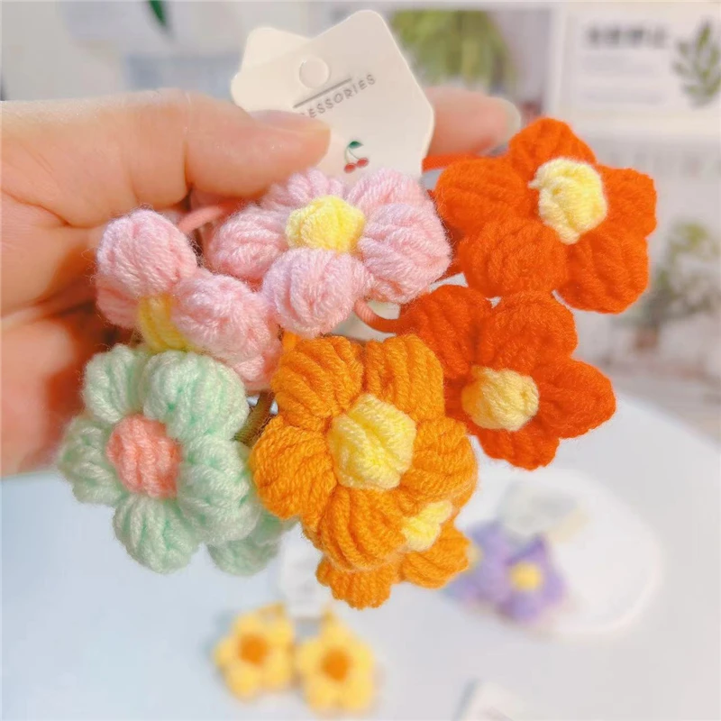 

7Pair/Lot Cute Wool Flower Elastic Hair Bands For Girls Ins Hair Tie Kids Beautiful Color Hair Ropes Fashion Hair Accessories