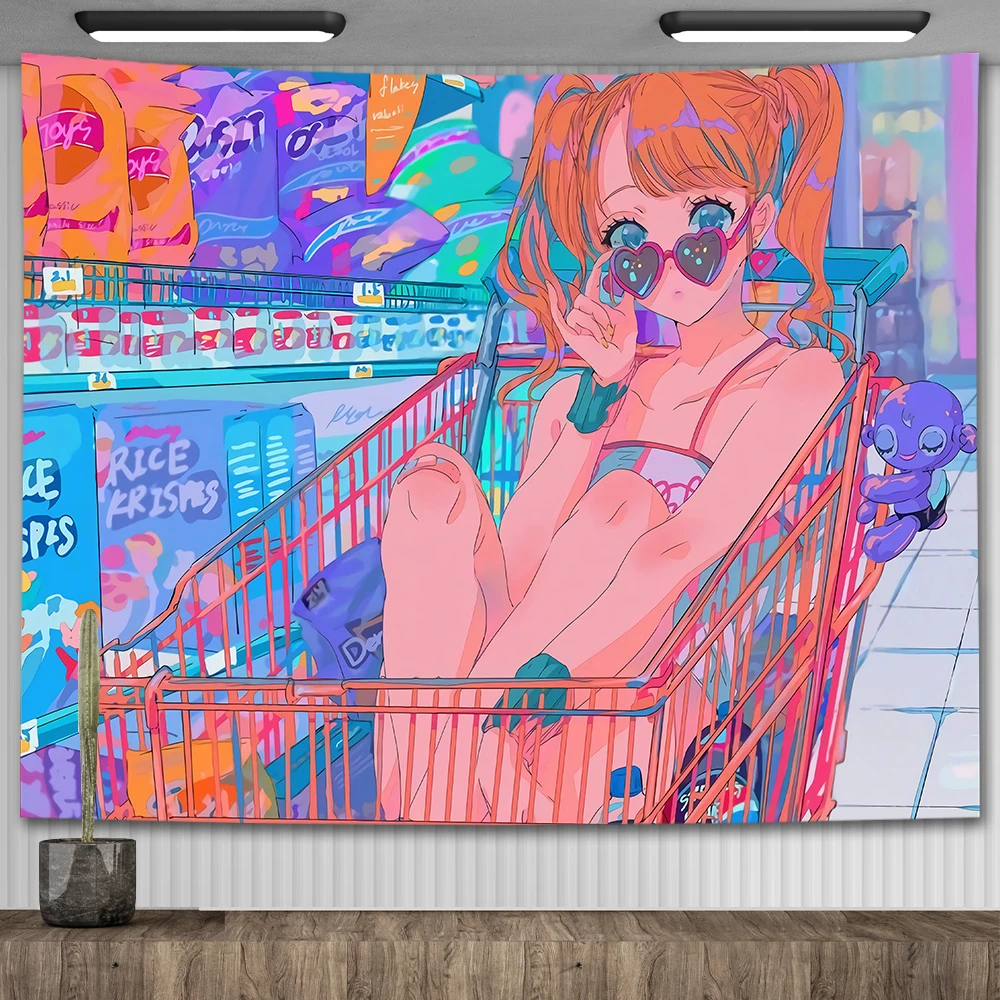 Tapestry Decorations Anime Wall Hanging Aesthetic Illustration Painting Kawaii Girl