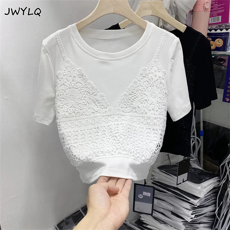 

2023 Korean Fashion Summer Pullovers Casual Round Collar Temperament Slim Stitching Vintage Short Sleeve Oversized Women Sweater