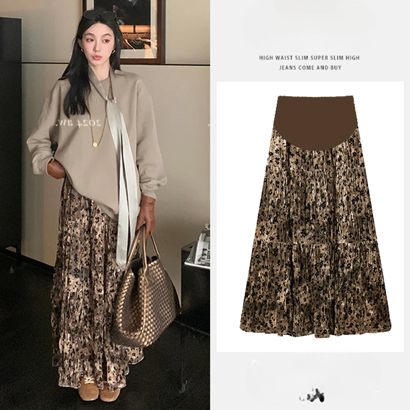 Autumn Winter Pregnant Woman Luxury Skirts Vintage Leopard Printing Long Loose Maternity Pleated Skirt Velour Fishtail Skirts